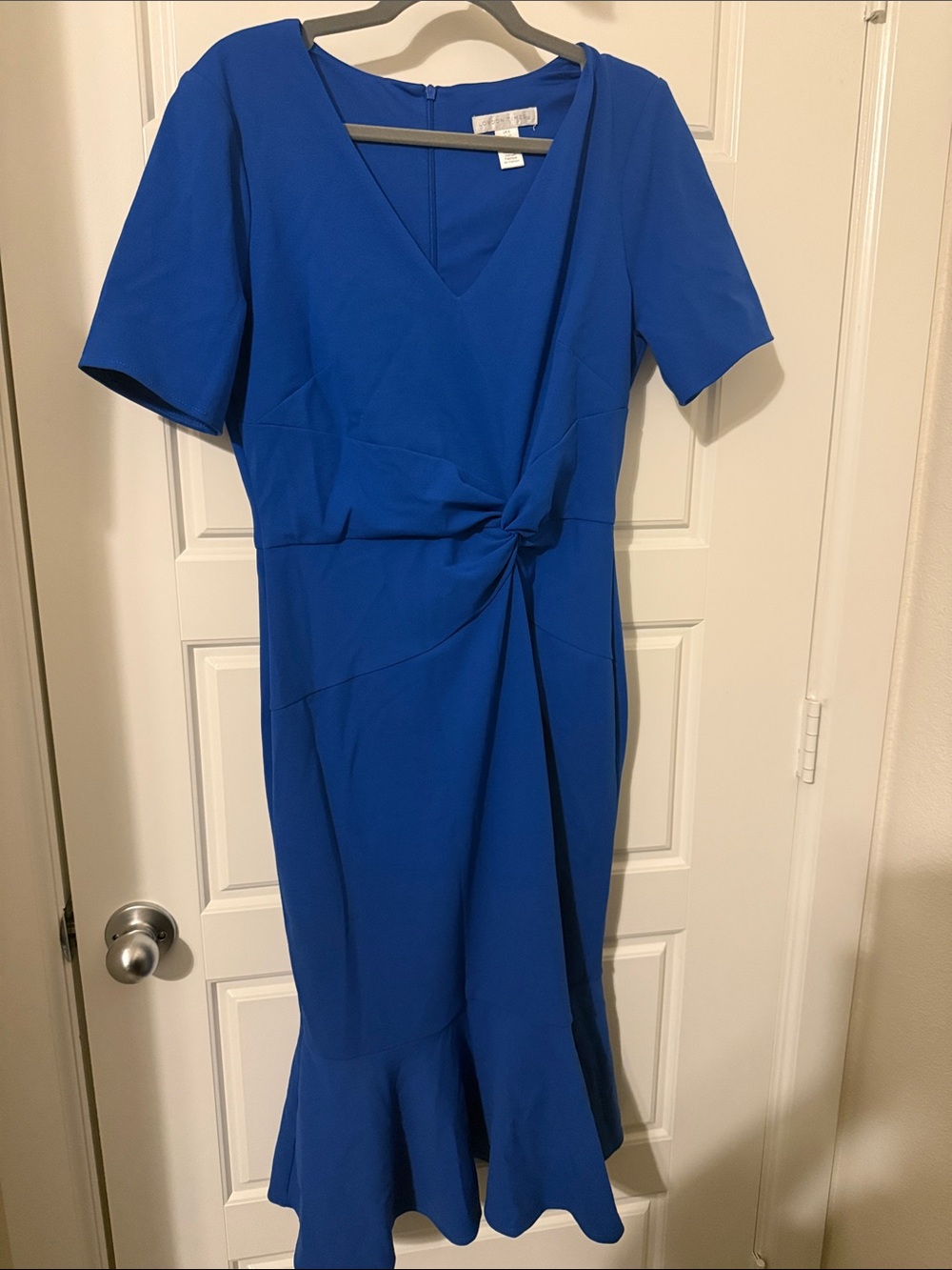 London Times Cobalt Blue V-Neck Midi Dress with Knot Detail